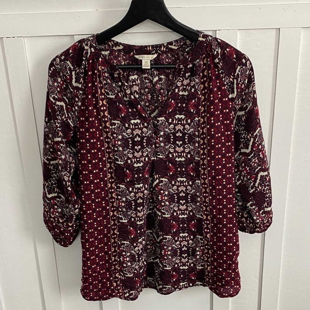 CATO Western Boho Paisley Print Women's Burgundy Blouse Oversized Sz XS